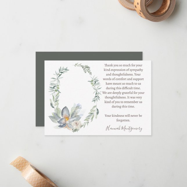 Eucalyptus Funeral Photo Thank You Card, Sympathy Note Card (Front/Back In Situ)