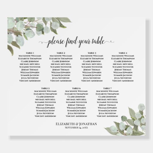 Eucalyptus Garden 7 Table Wedding Seating Chart Foam Board | Zazzle