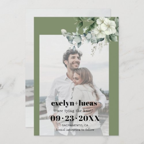 Eucalyptus gbranch and white flowers photo wedding save the date