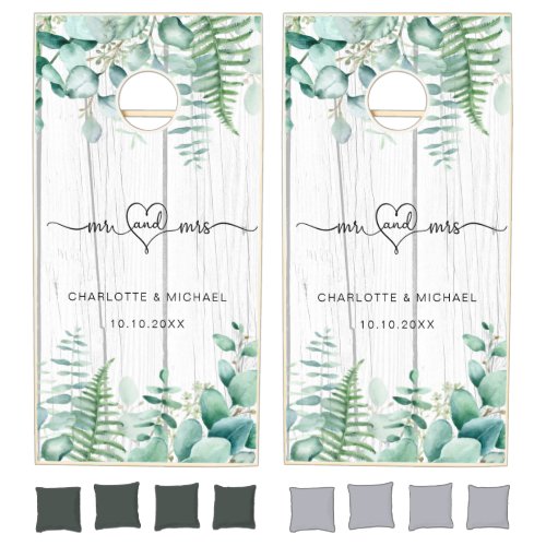 Eucalyptus geenery white wood wedding cornhole set