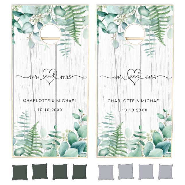 Eucalyptus geenery white wood wedding cornhole set (Set)