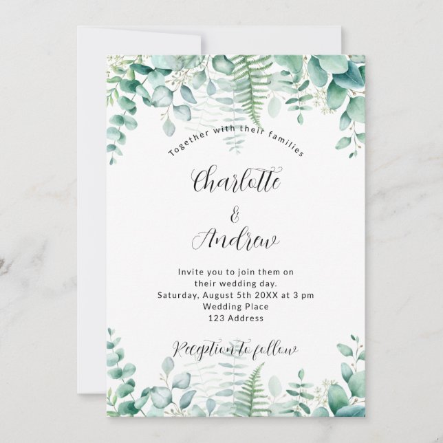 Eucalyptus geenery woodland ferns wedding invitation (Front)