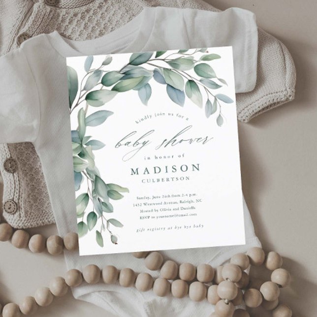 Eucalyptus Gender Nuetral Baby Shower Invitations (Budget Eucalyptus Greenery Leaves Baby Shower Invitations.)