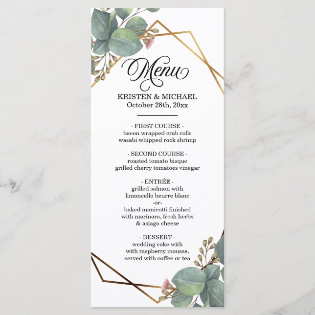 Eucalyptus geo frame wedding menu (Front)