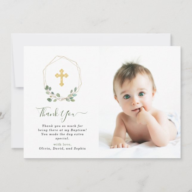 Eucalyptus Geometric and Cross | Baptism Photo Thank You Card (Front)