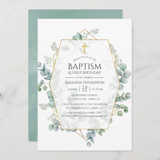 Eucalyptus Geometric Baptism 1st Birthday Invitation | Zazzle