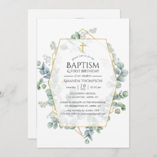 Eucalyptus Geometric Baptism 1st Birthday Photo Invitation
