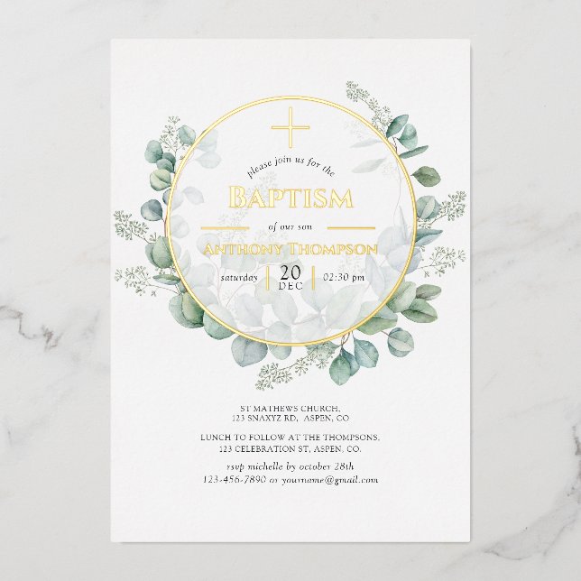 Eucalyptus Geometric Baptism Foil Invitation (Front)