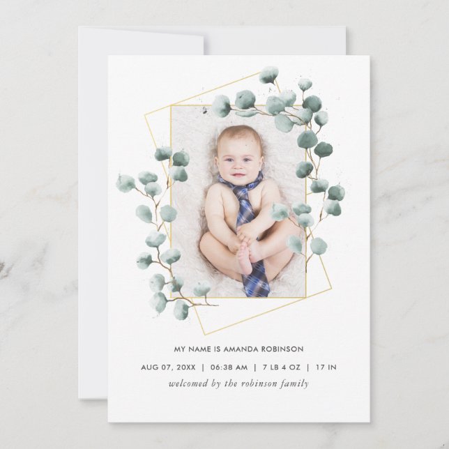 Eucalyptus Geometric Birth Announcement Photo Card (Front)