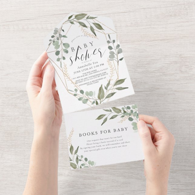 Eucalyptus Geometric Book Request Baby Shower All In One Invitation (Tearaway)