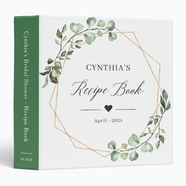 Eucalyptus Geometric Bridal Shower Recipe Book 3 Ring Binder (Front/Spine)