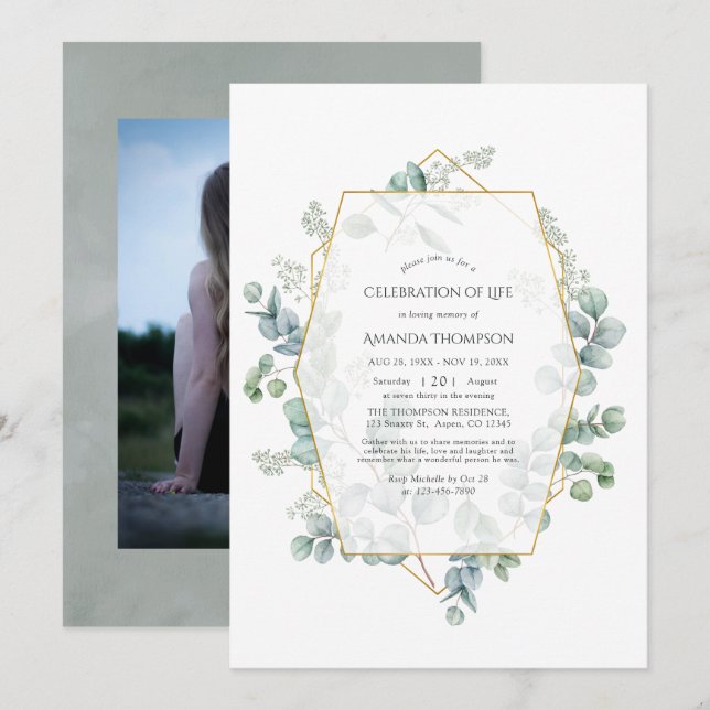 Eucalyptus Geometric Celebration of Life Photo Invitation (Front/Back)