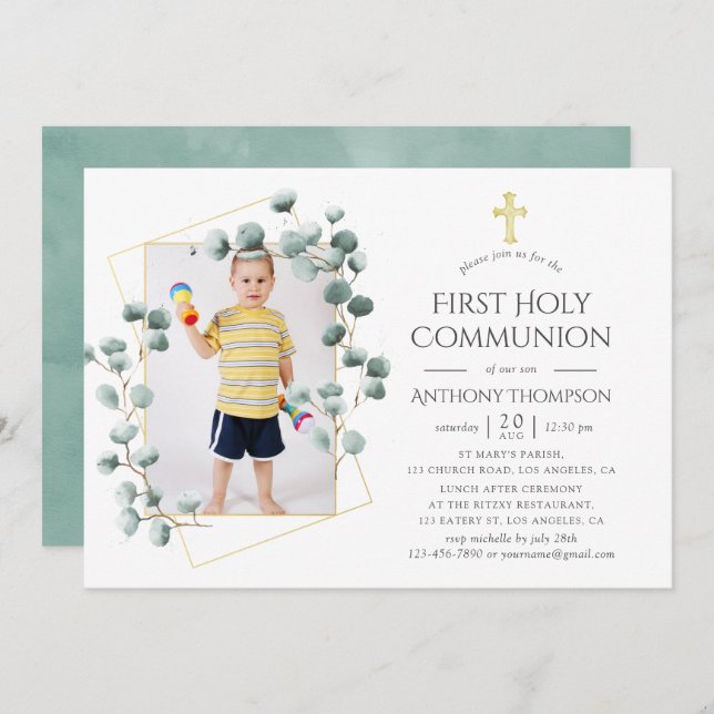 Eucalyptus Geometric First Holy Communion Invitation (Front/Back)