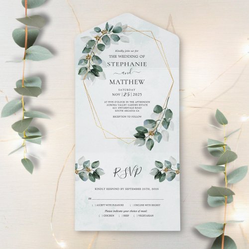 Eucalyptus Geometric Foliage Modern Wedding All In One Invitation