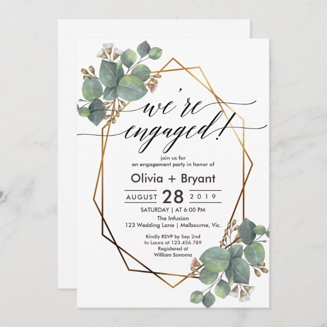 Eucalyptus geometric frame engagement party invitation (Front/Back)
