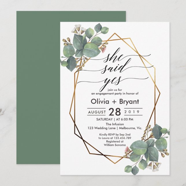 Eucalyptus geometric frame engagement party invitation (Front/Back)