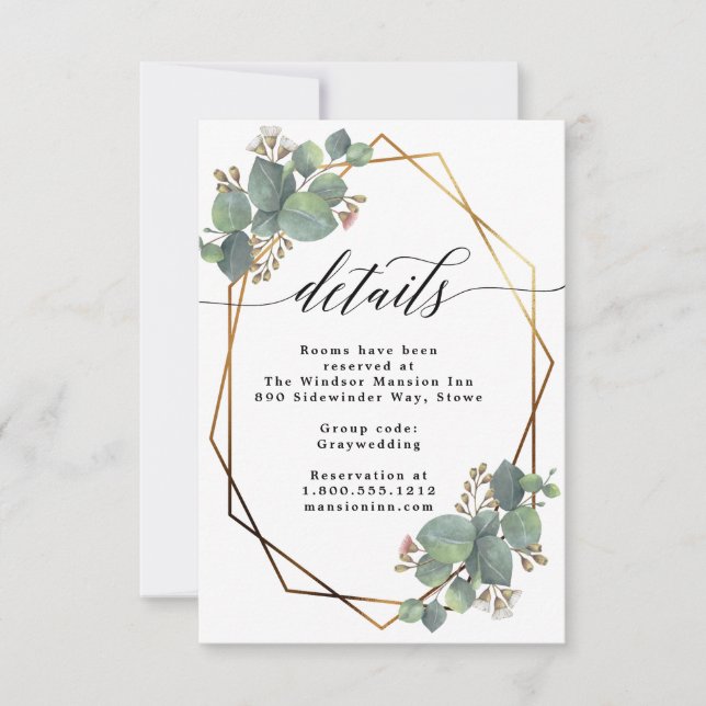 Eucalyptus geometric frame wedding accommodations invitation (Front)