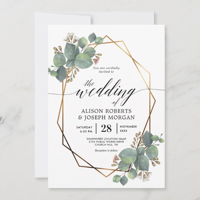 Eucalyptus geometric frame wedding invitation (Front)