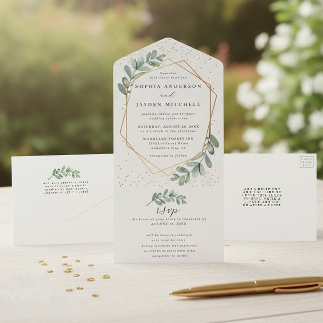 Eucalyptus Geometric Gold Foil Wedding All In One Invitation (Creator Uploaded)