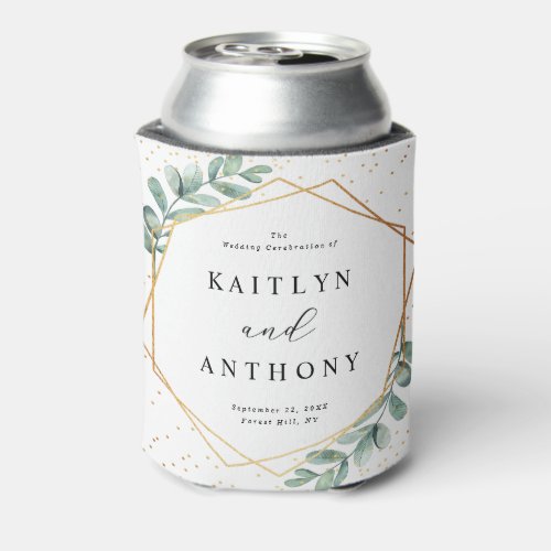 Eucalyptus Geometric Gold Foil Wedding Can Cooler