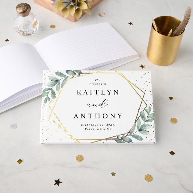 Eucalyptus Geometric Gold Foil Wedding Foil Guest Book (Front Open)