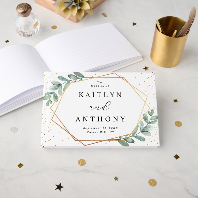 Eucalyptus Geometric Gold Foil Wedding Guest Book (Front Open)