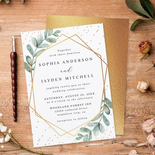 Eucalyptus Geometric Gold Foil Wedding Invitation