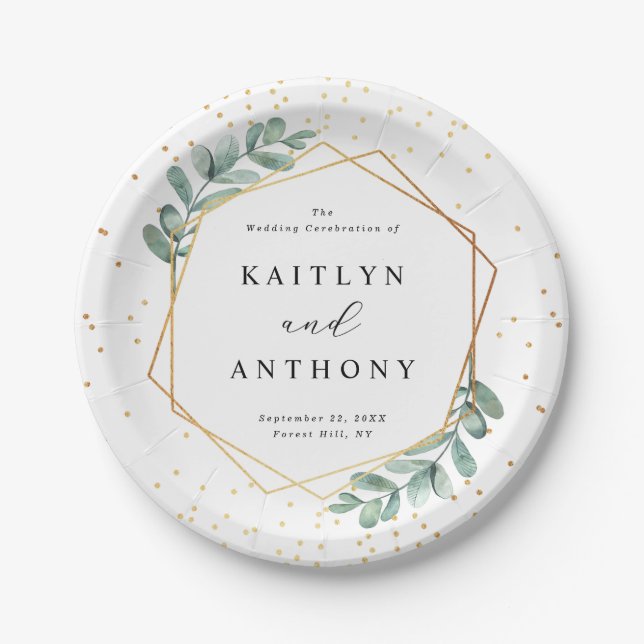 Eucalyptus Geometric Gold Foil Wedding Paper Plates (Front)