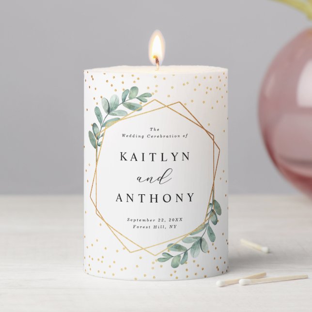 Eucalyptus Geometric Gold Foil Wedding Pillar Candle (In Situ)