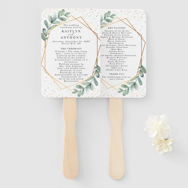 Eucalyptus Geometric Gold Foil Wedding Program Hand Fan (Front and Back)