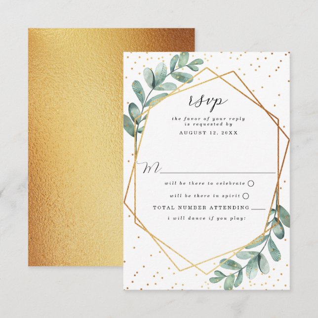 Eucalyptus Geometric Gold Foil Wedding RSVP Card (Front/Back)