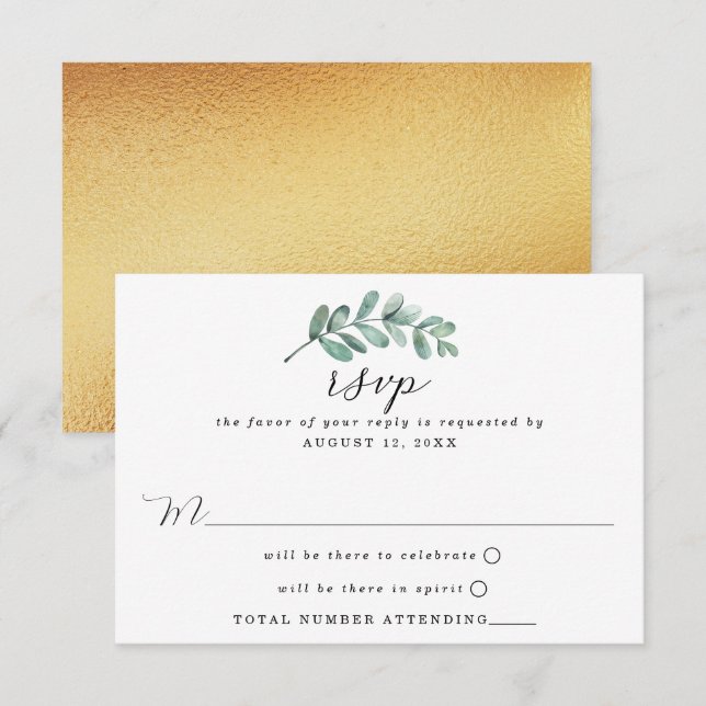 Eucalyptus Geometric Gold Foil Wedding RSVP Card (Front/Back)