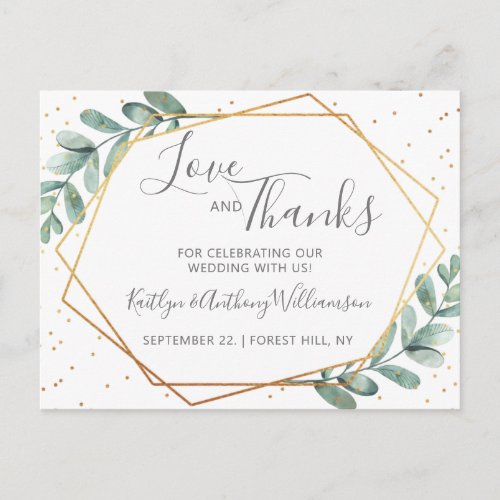 Eucalyptus Geometric Gold Foil Wedding Thank You Announcement Postcard