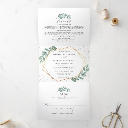 Eucalyptus Geometric Gold Foil Wedding Tri_Fold Invitation