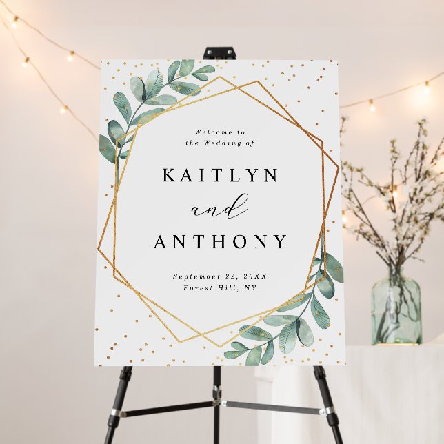 Eucalyptus Geometric Gold Foil Wedding Welcome Foam Board (In Situ (Stand))