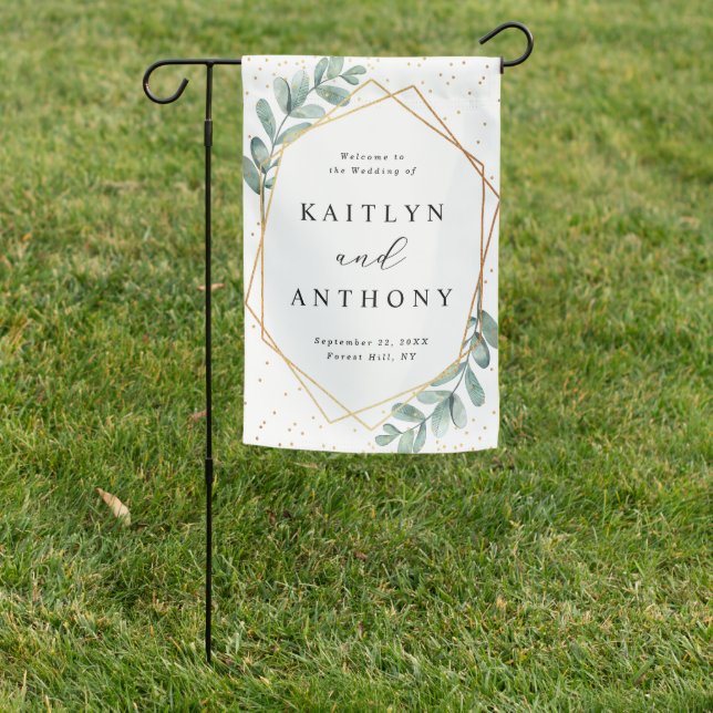 Eucalyptus Geometric Gold Foil Wedding Welcome Garden Flag (In SItu)