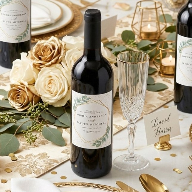 Eucalyptus Geometric Gold Foil Wedding Wine Label (Creator Uploaded)