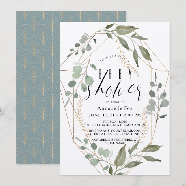 Eucalyptus Geometric Gold Frame Green Baby Shower Invitation (Front/Back)