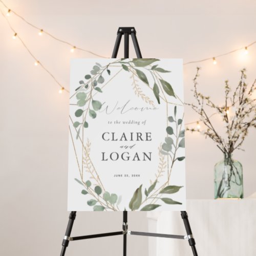 Eucalyptus Geometric Gold Frame Wedding Welcome Foam Board