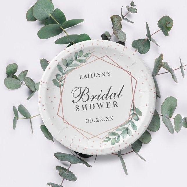 Eucalyptus Geometric Rose Gold Foil Bridal Shower Paper Plates (Creator Uploaded)
