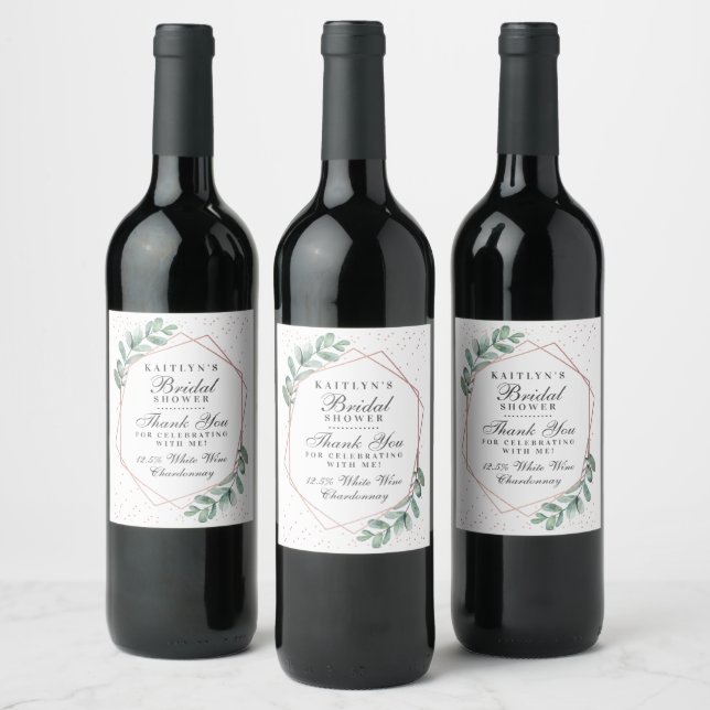 Eucalyptus Geometric Rose Gold Foil Bridal Shower Wine Label (Bottles)