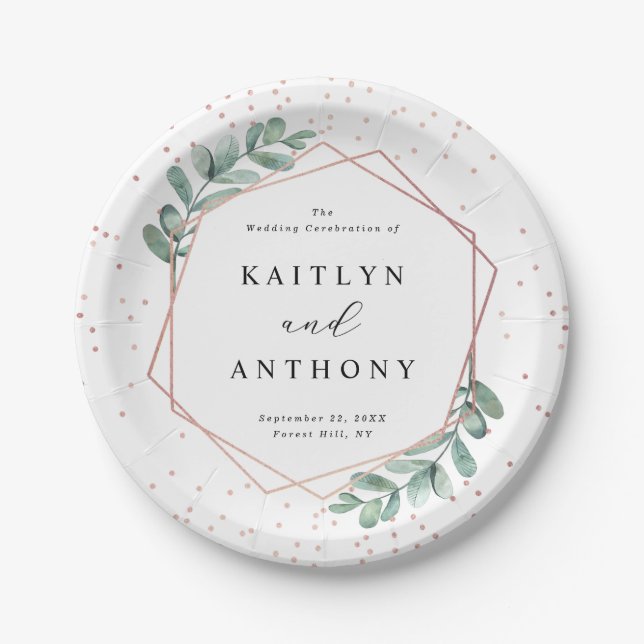 Eucalyptus Geometric Rose Gold Foil Wedding Paper Plates (Front)