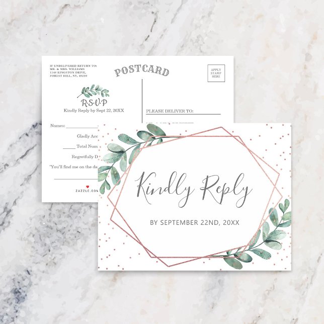 Eucalyptus Geometric Rose Gold Foil Wedding RSVP Announcement Postcard (Creator Uploaded)