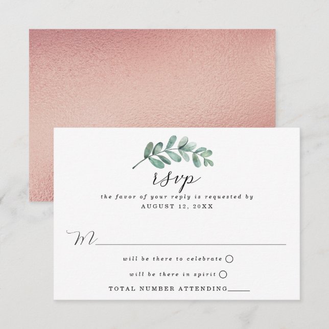 Eucalyptus Geometric Rose Gold Foil Wedding RSVP Card (Front/Back)