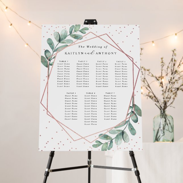Eucalyptus Geometric Rose Gold Foil Wedding Table Foam Board (In Situ (Stand))