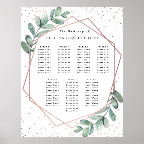 Eucalyptus Geometric Rose Gold Foil Wedding Table Poster