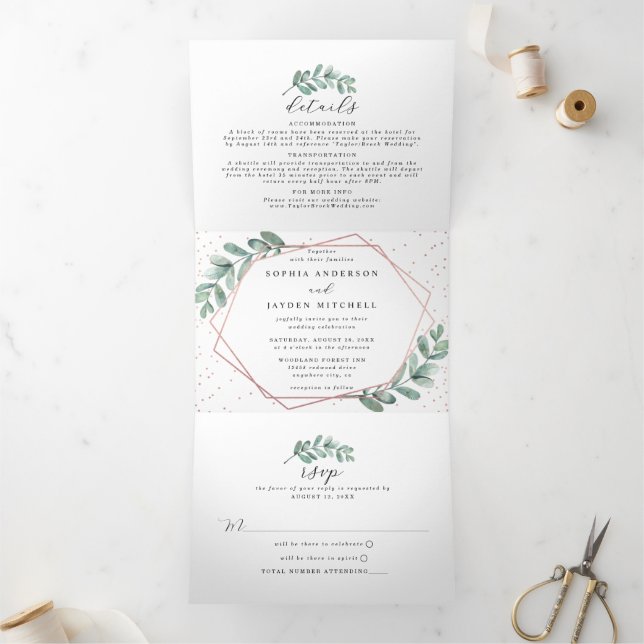 Eucalyptus Geometric Rose Gold Foil Wedding Tri-Fold Invitation (Inside)