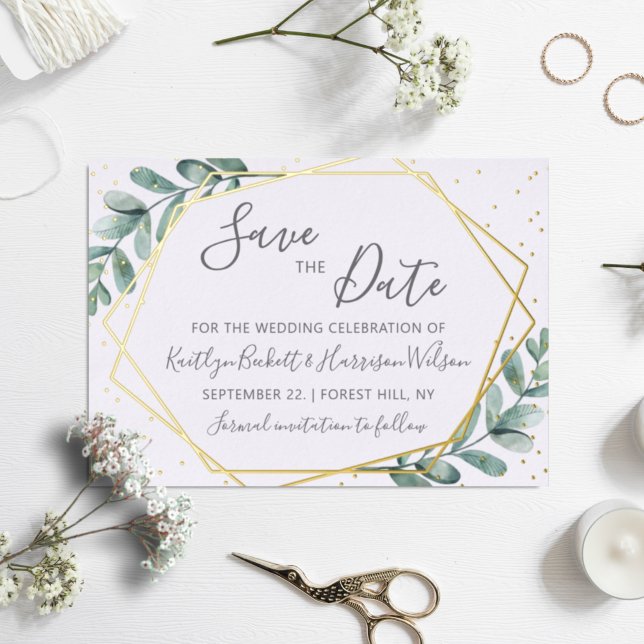 Eucalyptus Geometric Save The Date Real Foil Invitation (Creator Uploaded)