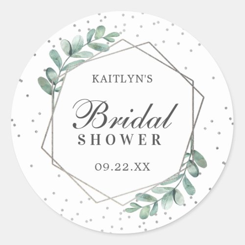 Eucalyptus Geometric Silver Foil Bridal Shower Classic Round Sticker