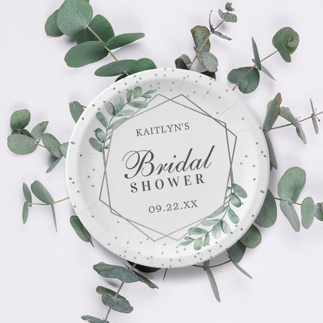 Eucalyptus Geometric Silver Foil Bridal Shower Paper Plates (Creator Uploaded)